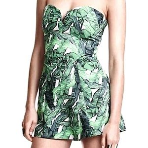 H&M Strapless Romper Green White Leaf Print